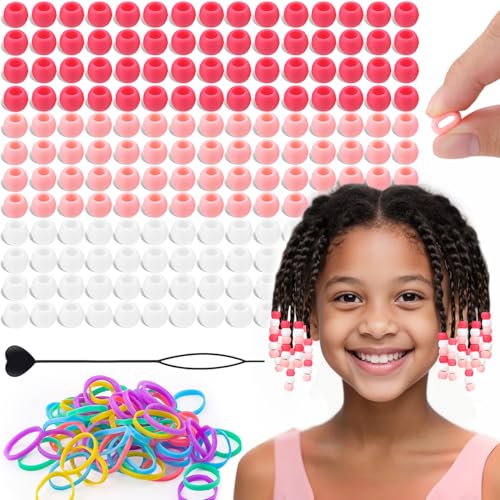 150Pcs 10mm Small Silicone Beads for Hair Braids, Soft Jellyish Pony Hair Beads with 5mm Hole + 50 Rubber Bands and 1 Beader for Braiding, DIY Bracelets Necklaces Crafts (Pink) - color: Pink Mix-150Pcs