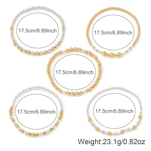 Gold Bracelets for Women Stackable 14K Gold Silver Plated Beaded Bracelets Stack Elastic Stretch Non Tarnish Bead Ball Stack Stretch Adjustable Dainty Jewelry Trendy Prom Gifts for Women - color: Gold Silver
