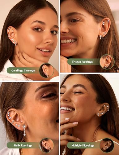 ORAZIO 16 Gauge Cartilage Earrings for Women Flat Back Hypoallergenic Surgical Steel Small Flatback Stud Hoop Cartilage Earring Stack Set Daith Conch Tragus Helix Piercing Jewelry Single PC - color: Silver Plated+Blue Opal