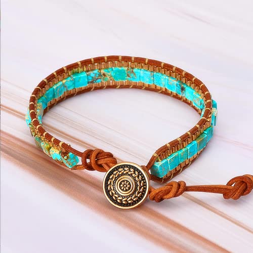 Mens Genuine Leather Bracelet - Handmade Adjustable Leather Cuff Bracelet punk Style leather wrap Wristband for Men - color: W-Turquoise Bead