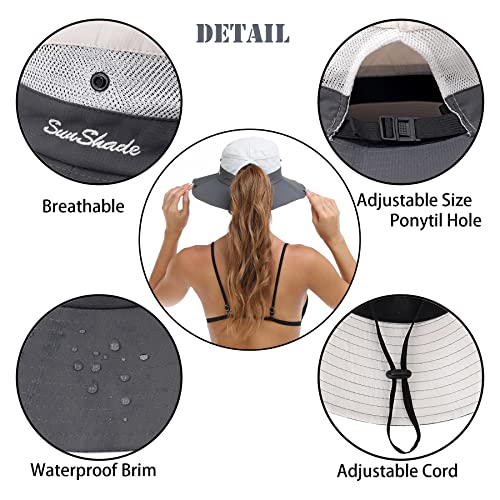 Womens Summer Sun Hat Beach Hat Wide Brim Outdoor UV Protection Hat Foldable Cool Mesh Ponytail Bucket Hat - color: Grey+beige
