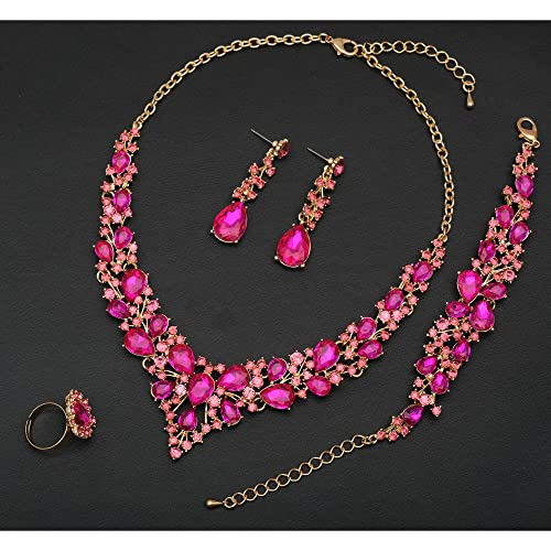 CSY 4 Pcs/Set Austrian Crystal Necklace Earrings Bracelet Ring Bridal Jewelry Sets for Brides Wedding Party Costume Accessories Gifts for Women - color: 02-gold plated-hot pink crystal