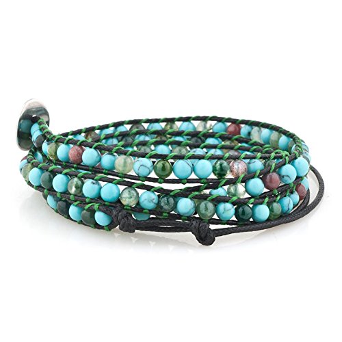 Layered Leather Handmade Bracelet Boho Bohemian Style Multilayer Crystal Glass Natural Stone Beaded Wrap Bracelets Collection for Women - style: BR504