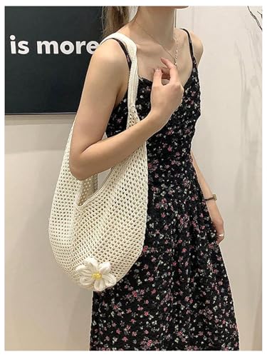 OYOANGLE Women's Floral Applique Crochet Beach Tote Bag Summer Boho Mesh Woven Tote Bag - color: Beige