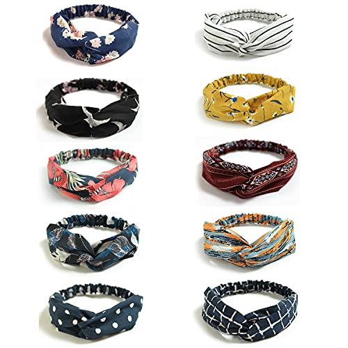 DRESHOW 10 Pack Boho Headbands for Women Girls Criss Cross Elastic Hair Band Twisted Head Wrap Floral Hair Accessories - color: 10 Pack Style a