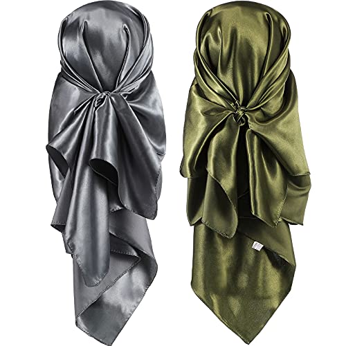 SATINIOR 35 Inch Silky Head Scarf 2 Pcs Large Square Neck Scarf Sleeping Hair Wrapping Satin Bandana for Women - color: Dark Grey, Olive, style: Classic