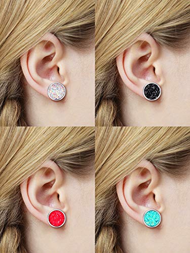 Hicarer 32 Pairs Round Druzy Stud Earrings Bohemian Round Stud Stainless Steel Pierced Earrings Jewelry for Women Graduation Gift - size: 8 mm