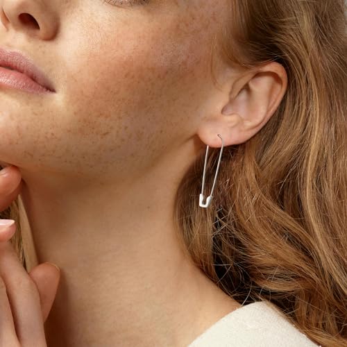 CHIC & ARTSY 925 Sterling Silver Safety Pin Earrings - Lightweight Comfortable Punk Paperclip Cartilage Hoop Earrings, Trendy Industrial Style Jewellery for Women and Men - color: White-#3