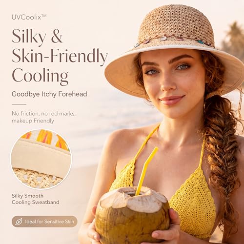 TOP-EX chicpony™ Cooling UPF 50+ Wide Brim Beach Hand Crochet Straw Hat - color: Natural, size: Large