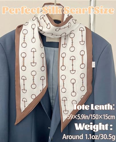 kcctoo 59” Long Silk Like Head Scarf Women's Fashion Square Neck Satin Scarfs for Bag Hair Scarves Gift 59 * 5.9” - color: N2 Buckle With Brown Edges 59" X 5.9"