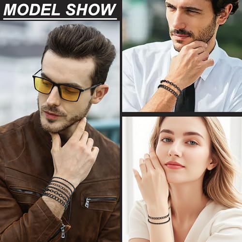 6PCS Stainless Steel Bracelets for Men Women, Silver Gold Black Cuban Link Rope Box Wheat Chain Paperclip Figaro Jewelry Set, 7/8/9 Inches - color: Black, size: 8 inches