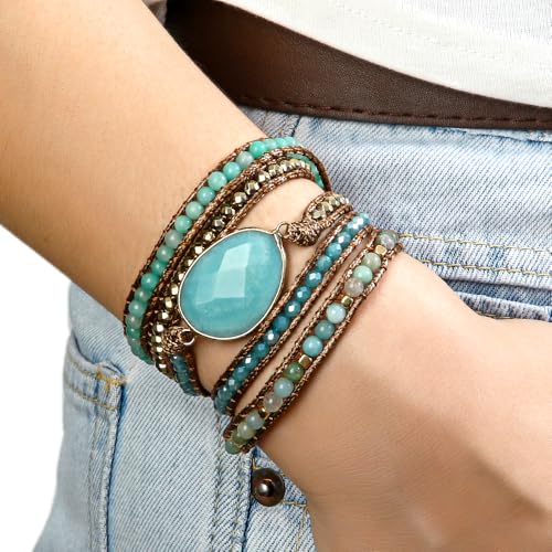 Women Wrap Bracelet Boho Natural Jasper Crystal Stone Beads Strand Bracelets - color: Amazonite #2