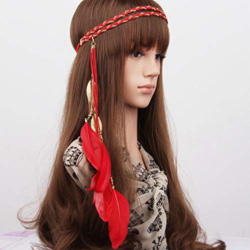 WLBON Halloween Boho Feather Headband Hippie Indian Leaf Hair Hoops Bands Tassel Bohemian Headpiece Hairband Women Xmas Wedding Festival Masquerade Cosplay Dress Up Birthday Party Accessories Red - color: Red Tone