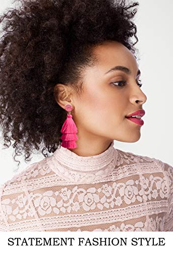 Me&Hz Colorful Layered Tassel Earrings Bohemian Statement Tiered Tassel Big Dangle Drop Earrings for Women Druzy Studs Valentine’s Day Gift - color: 02 Hot Pink