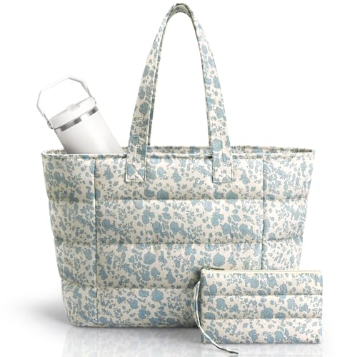 Puffer Tote Bag with Pouch, Women's Lightweight Quilted Shoulder Bag, 15.6"/17.3 Laptop Travel Weekender for Work & Nurses - color: Blue Flower, size: Large