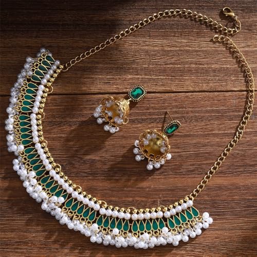 Bohemian Jhumka Earring Necklace Set for Women Bride Wedding Bollywood Crystal Pearl Beaded Antique Gold-Tone Indian Bell Jhumki Dangle Earrings Choker Necklace Ethnic Festive Party Wear Jewelry - color: Green