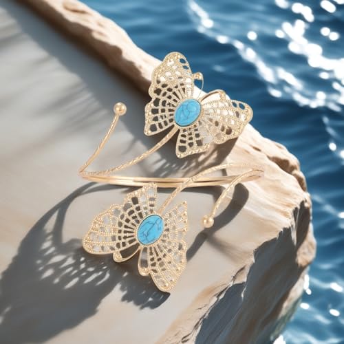 Gold Arm Cuff Bracelet Adjustable Upper Arm Cuff Bangle Butterfly Flower Bracelet Summer Beach Essentials Jewelry for Wome - style: turquoise+butterfly