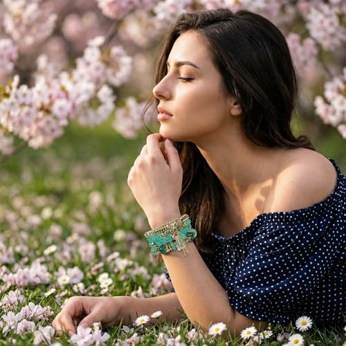 Bohemian Bracelet Sets for Women - 4-Pack Stackable Stretch Bead Bracelets with Black＆White Crystal & Gold Accessories, Multi-Layer Boho Jewelry - color: dark green