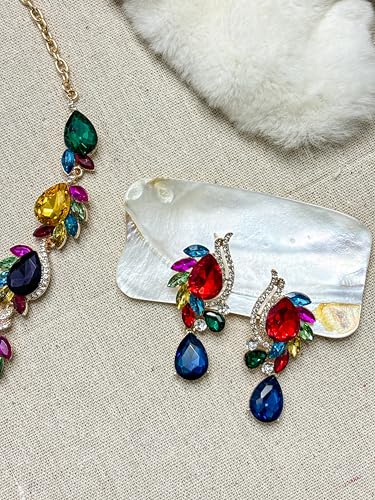 Women Jewelry Set Rhinestone Crystal Bride Statement Choker Necklace Teardrop Cluster Dangle Earrings Set for Wedding Prom Party - color: Colorful