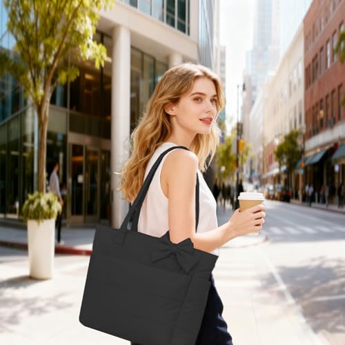 CTWWFS Puffer Tote Bag for Women, Quilted Bow Tote Bag with Cup Holder & 15.6 In Laptop Compartment for Work, Travel, Gym - color: Black