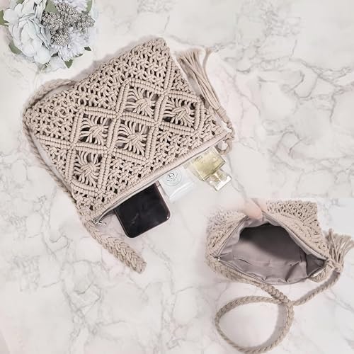 Eiyye Handmade Crochet Purse Boho Cotton Rope Crossbody Shoulder Bag with Tassel Casual Bag for Women - color: Light Khaki