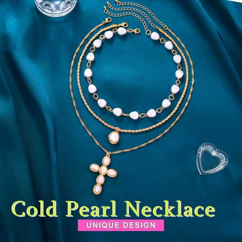ACEDRE Pearl Cross Necklace Gold Layered Pearls Necklaces Jewelry for Women