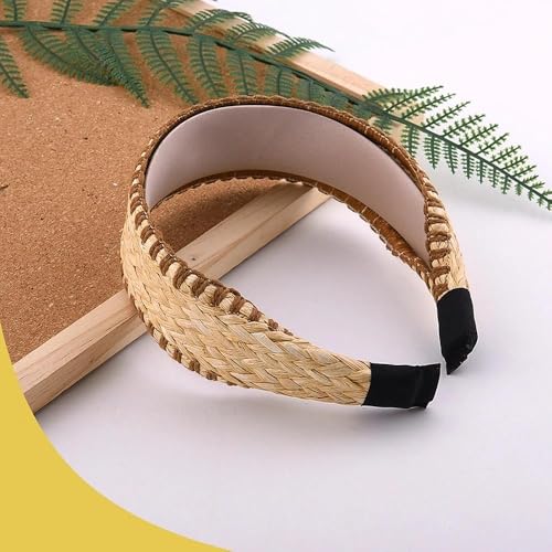 Handwoven Straw Boho Wide Headband for Women Bohemian Non Slip Rattan Crochet Headband Hair Accessory with Gold Trim Braided Hair Band for Summer Beach Festival Wedding Vacation
