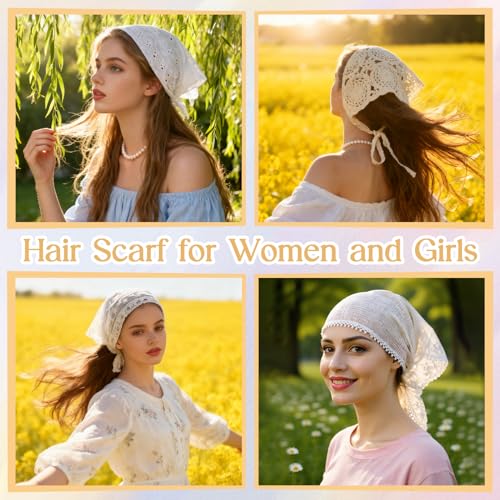 JATEBI 4PCS Women's Floral Lace Mesh Triangle Head Scarves Adjustable Boho Bandanas - color: White