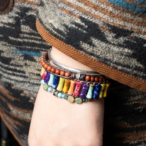 Sriomu 7 Chakra Bracelets for Women Handmade Natural Jasper Stone Healing Bead Bracelet Women Men Boho Friendship Inspirational Jewelry Natural Jasper Stone Double Layer Healing Bead Jewelry Gifts - color: Colorful - Black Leather