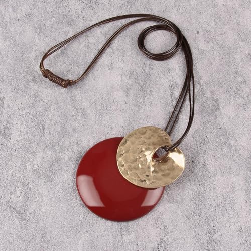 Leather Necklace for Women Large Pendant Hippie Choker Necklace Vintage Sweater Necklace Chunky Boho Necklaces for Women - style: Chunky Circle Necklace