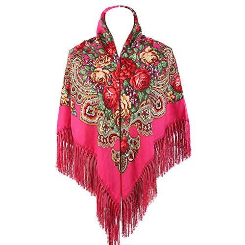 Gudessly Women's Traditional Scarf Wrap Tassel Fringes Neck Head Shawl Retro Scarf Floral Poncho Printing Square Cape 50inch - color: Rose