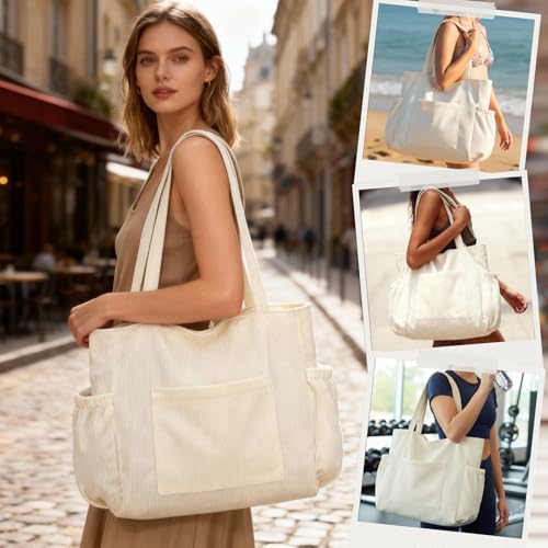 Corduroy Tote Bag for Women,Large Capacity Cute Tote Bags With 6 Pockets,Crossbody Shoulder Handbag for Work Travel Gym - color: Beige