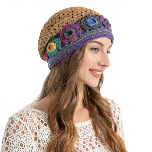 ZLYC Women Cotton Crochet Slouchy Beanie Hat Handmade Knit Summer Skull Cap - color: Colorful Flower Shiny Brown