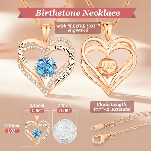 CDE Engraved Forever Love Heart Birthstone Necklace Jewelry Gifts for Women | Hypoallergenic,Nickel-Free & Lead-Free,3 x 3 mm 5A CZ Heart Pendant,Anniversary Christmas Birthday Gift for Girlfriend Wife - color: Birthstone-03-Mar, style: Rose Gold Plated-B