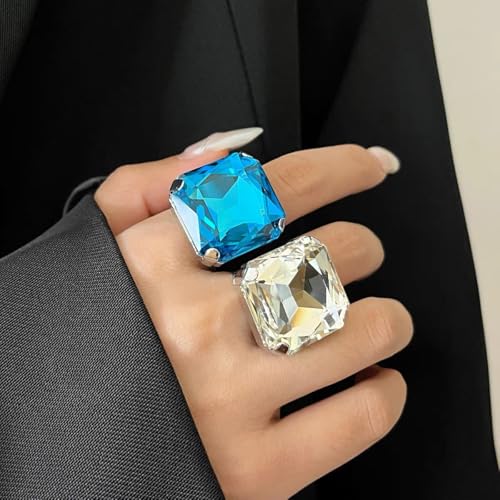 Square Large Rhinestone Exaggerated Statement Ring for Women Sparkling Thick Chunky Geometric Big Crystal Stone Finger Knuckle Band Rings Open Adjustable Wedding Brides Cocktail Prom Party Jewelry - color: Blue