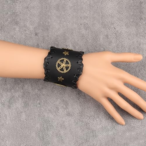 GelConnie Punk Leather Cuff Bracelet Adjustable Straps Wrap Bracelets Arm Armor Cuff Gothic Leather Wristbands for Men, Women - color: MLPB108-Black