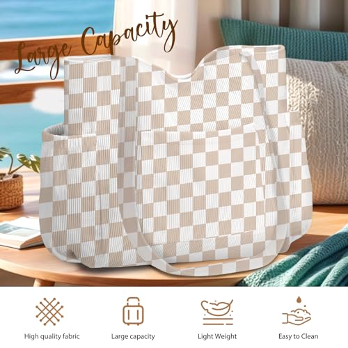 Corduroy Tote Bag for Women,Large Capacity Cute Tote Bags With 6 Pockets,Crossbody Shoulder Handbag for Work Travel Gym - color: Khaki Grid