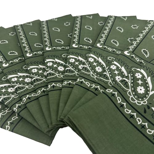 Vamqor 100% Cotton 10 Pack Fine Bandanas - color: Olive Green