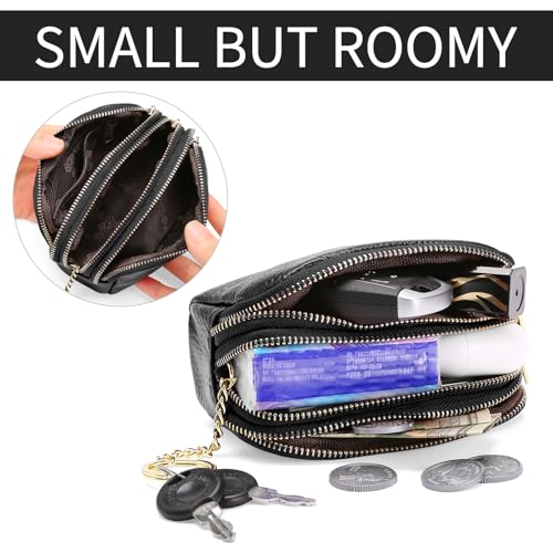 SENDEFN Small Coin Purse Leather 3 Zippered Change Pouch Wallet with Key Ring for Women - color: 1-Black