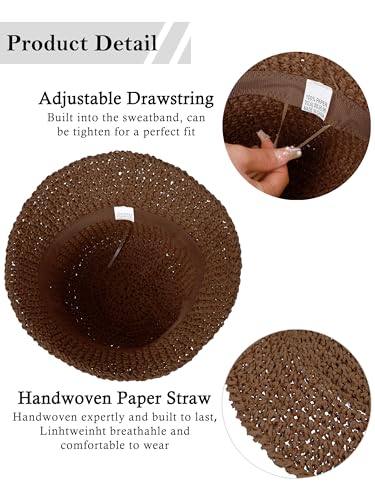 Womens Sun Hat Handmade Straw Bucket UV Protection Travel Summer Beach Cap - color: Coffee