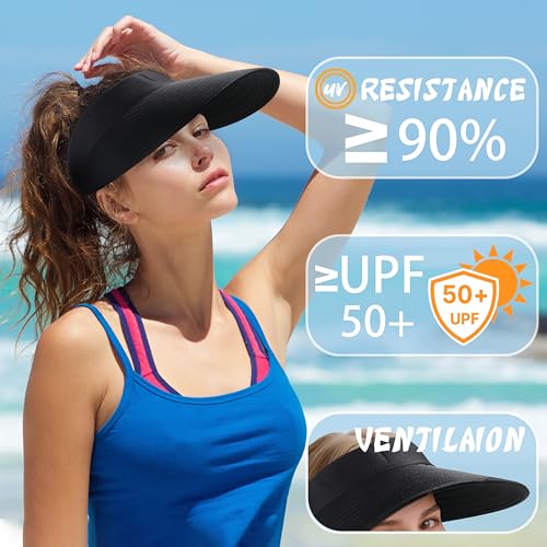 Sun Hats for Women - Wide Brim Sun Visor Hat for Women, UPF50+ Lightweight Foldable Ponytail Sports Cap - color: Black
