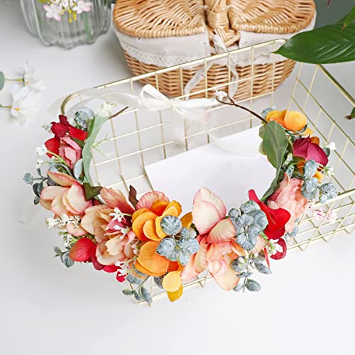 Vivivalue Fairy Flower Crown Floral Headband Elf Headpiece for Women Princess Halloween Cosplay Renaissance Wedding Party Bridal Photoshoot Orange - color: H