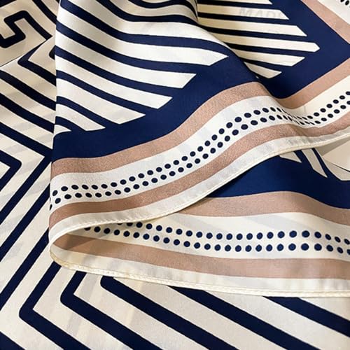 JERLA 100% Pure Mulberry Silk Square Scarf for Hair-27''x27'' Women Men Natural Silk Neckerchief Headscarf - color: Blue and Coffee Geometry Stripe