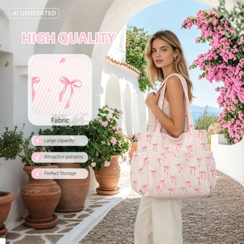 Corduroy Tote Bag for Women,Large Capacity Cute Tote Bags With 6 Pockets,Crossbody Shoulder Handbag for Work Travel Gym - color: A-watercolor Bows