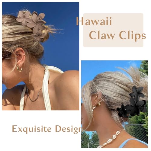 ANBALA 4PCS Hawaiian Plumeria Flower Hair Clips - Large Non-Slip Matte Claw Clips for Women, Strong Hold Beach Hair Accessories - color: brown, black, white，apricot