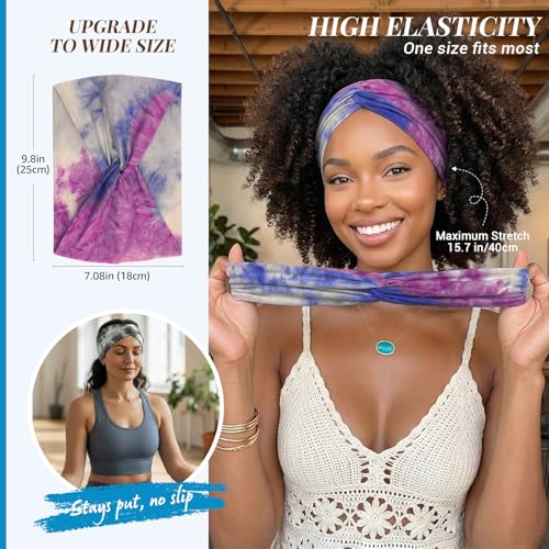 Awumbuk Wide Headbands for Women, 7.08 Inch Thick Boho Turban Style Hair Wraps, Non-Slip Moisture-Wicking Workout Headband for Sports, Yoga, Daily Fashion, 8 Pack Multi Colors (Purple) - color: Purple