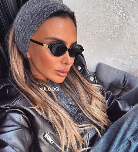 NULOOQ Retro Oval Sunglasses for Women 90s Trendy Vintage Small Round Sunnies Shades - color: C5* Black Frame/Gray Lens
