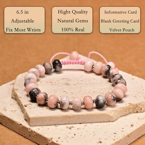 468Handmade Adjustable Natural Gemstone Crystal Bracelet Healing Power Energy Inspirational Gifts with Card for Unisex - color: 07-Pink Zebra Jasper(Relax mood), size: 5x8mm