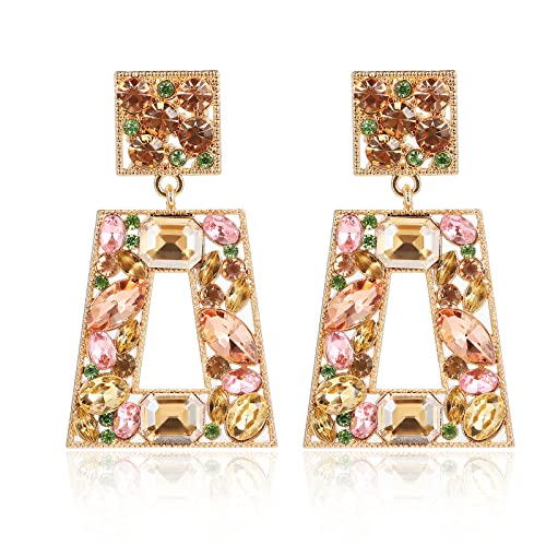 Rhinestone Rectangle Statement Earrings Colorful Crystal Geometric Drop Dangle Earrings for Women Prom Party - color: champagne