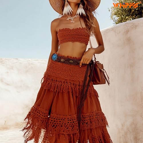 WHIPPY Boho Turquoise Belt for Women Wax Rope Braided Waist Belt Western Hand-Woven Bead Tassel Belts for Dress, 2” Wide - color: Coffee